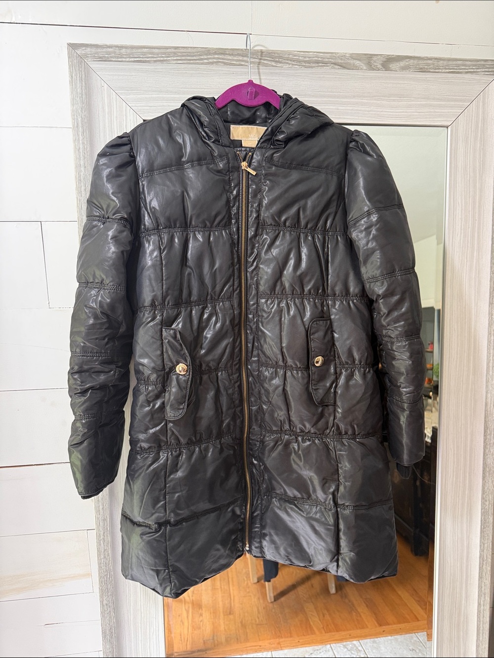 Michael Kors Black Hooded Quilted Puffer Coat with Gold Hardware